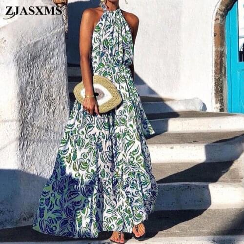 2021 Summer Sleeveless Tank Maxi Dress Spring Halter Folds Elegant Boho Long Dress Women Floral Print Elastic Waist Party Dress