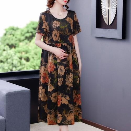 Summer High Quality Silk Casual Solid Maxi Dress 2021 O-neck Floral Print Chiffon Vintage Midi Dresses Elegant Bodycon Vestidos
