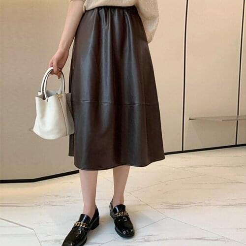 2021 Autumn Winter Women PU Leather Skirt High Waist Elastic A-line Skirt Casual Skirt Office Skirt Fashion Simple