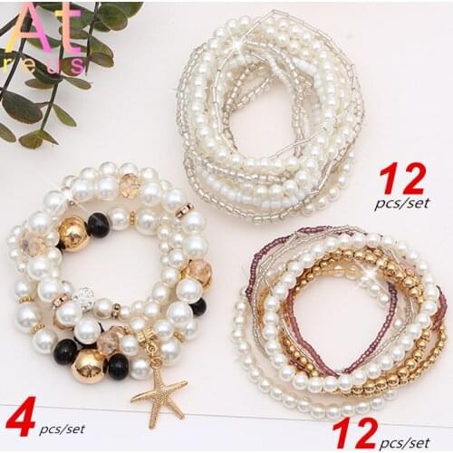 4-12pcs Women Bohemia Jewelry Pearl Multilayer Elastic Set Bracelets Bangles Starfish Glass Beads Charm Wrap Bracelet Femme Gift