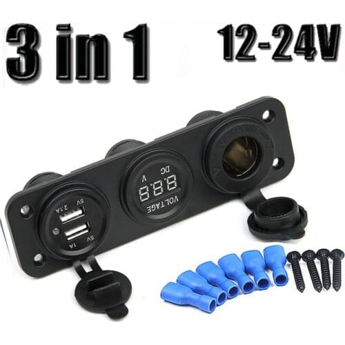 Car Charger Motorcycle Plug Dual USB Adaptor+12V/24V Cigarette Lighter Socket Blue LED +Digital Voltmeter Mobile Phone