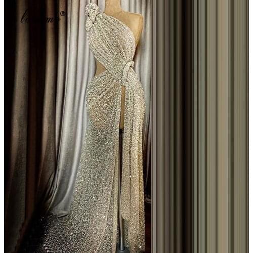 Dubai Muslim Sequins Prom Dresses 2020 Mermaid Long One Shoulder Evening Gowns Party Kaftan Couture Abiye Gece Elbisesi Custom