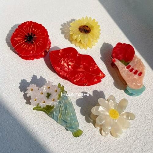 HUANZHI New Design Acetic Daisy Tulip Sunflower Rose Lips Face Hair Clip Claws Palm Flower Hairpin for Women Hair Accessories