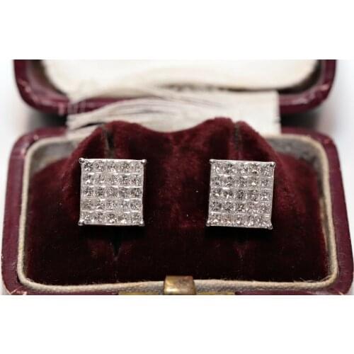 PERFECT EUROPEAN 18K GOLD NATURAL PRINCESS CUT DIAMOND AMAZING EARRING
