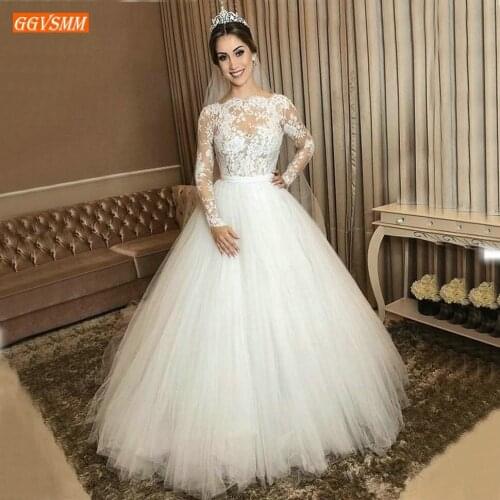 Graceful Ball Gown White Wedding Dresses Long Sleeve 2020 Lace Applique Floor Length Wedding Gowns Tulle Illusion Bridal Dress