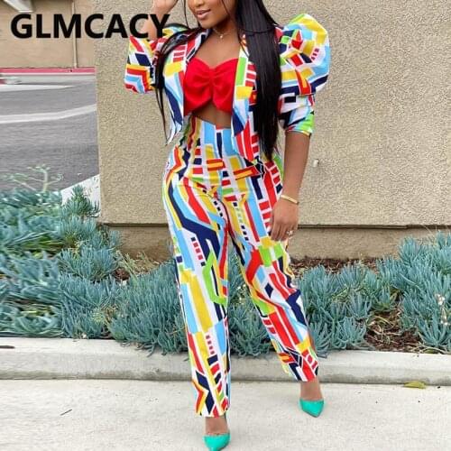 Two Piece Funny Printed Suits Puff Sleeve Top & Slim Pants Set