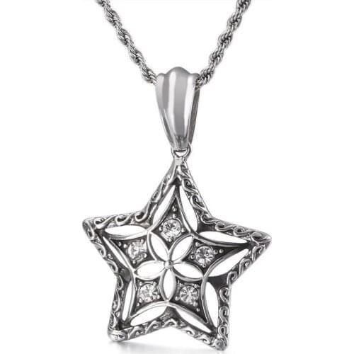 Creative stainless steel five-pointed star pendant, personality retro inlaid stone mens necklace accessories