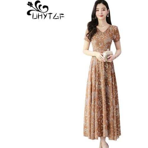 UHYTGF Summer dresses women fashion big swing beach long dress floral chiffon elegant dress Korean loose plus size dresses 1115