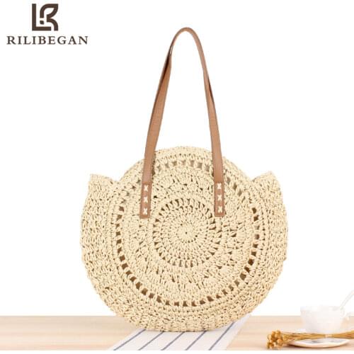 Fashion Woven Bag Women Round Summer Beach Shoulder Bag Women Vintage Straw Bag Female CrossBody Handle Handbag Women Tote Bag