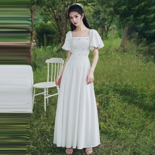 Special Occasion Dress Vintage Square Collar Short Pearls A-Line Luxury White Backless Floor-Length Elegant Women Prom Gown E938