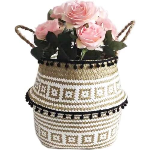 Natural Seaweed Woven Basket Items Storage Basket For Plant Flowerpot Rustic Style Big Vase Folding Basket Flower Vases For Home