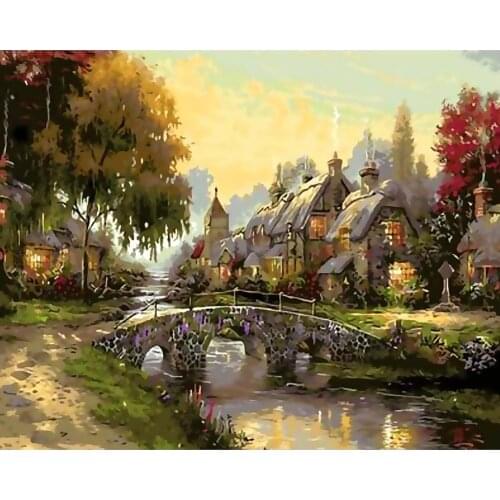 Frame DIY Painting By Numbers Kits Rural Town Hand Painted Oil Paint By Numbers For Hand Painted Home Deco Art Diy Gift