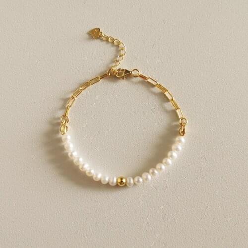 Silvology 925 Sterling Silver Asymmetry Pearl Chain Bracelets Half Pearl Half Chain Luxury Bracelets for Women Simple Jewelry