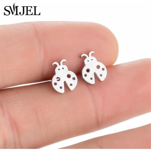 Cartoon Animal Earrings for Women Kids Fashion Stainless Steel Insect Ladybug Stud Earrings Dog Fox Bee Studs Wholesale 2021