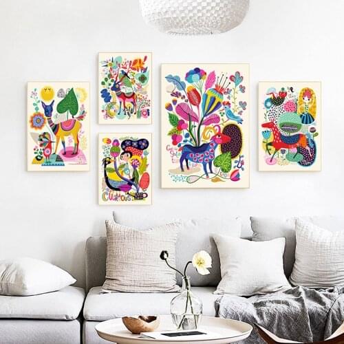 Nordic Cute Colorful Animal World A2 A3 A4 Childrens Room Canvas Abstract Print Poster Picture Wall Baby Bedroom Home Decor