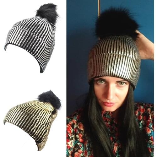 Crochet Cap Girl Solid Cute Pompom Beanie Autumn Winter Hair Ball Women Hats Warm Knitted Windproof Metallic Shiny Soft