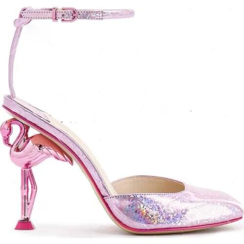 Womens Pointy Toe Genuine Leather Strange Irregular High Flamingo Heel Slingbacks Pumps Sandals Shoes Plus Sz 5Colors Bling 2021