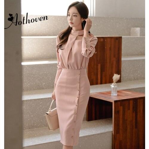 Hollow Out Pencil Midi Dress Autumn 2018 Women Pink Full Sleeve Stand Collar Vintage Office Lady Dress Elegant Work Wrap Dresses