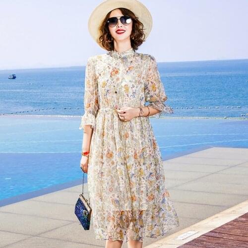 100% Silk Dress Beach Elegant Summer Dress Female Floral Midi Dresses for Women Casual Fashion 2021 Vestido De Mujer Pph3752