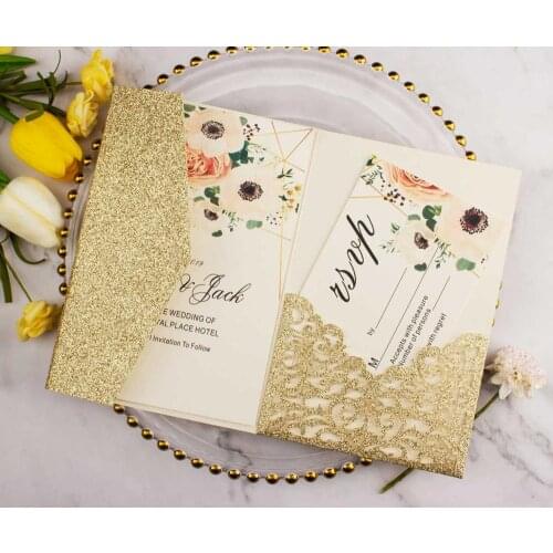 Free Shipping 1pcs Tri fold Glitter pearl Laser cut Pocket fold Wedding Invitation Cards 3D Greeting Invite with envelope rsvp