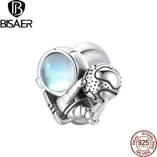BISAER Space Walker Beads 925 Sterling Silver Blue Enamel Charms Pendant Fit DIY Original Bracelet Necklace Jewelry ECC1694