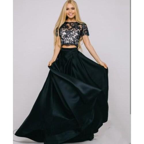 Long Evening Dress Two Pieces Prom Dress Short Sleeve Lace Appliques Women Formal Gowns Black Gorgeous Lace Top Satin Skirt