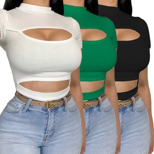 Echoine Stretch Sexy Hollow Out Ribbed Tshirt Short Sleeve Skinny Black Short Crop Top Summer Bodycon Turtleneck T-shirt Top