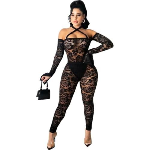 Black White Lace Spliced Bandage Jumpsuit for Women Off Shoulder Long Sleeve Perspective Romper Elegant Beach Party Club Outfit