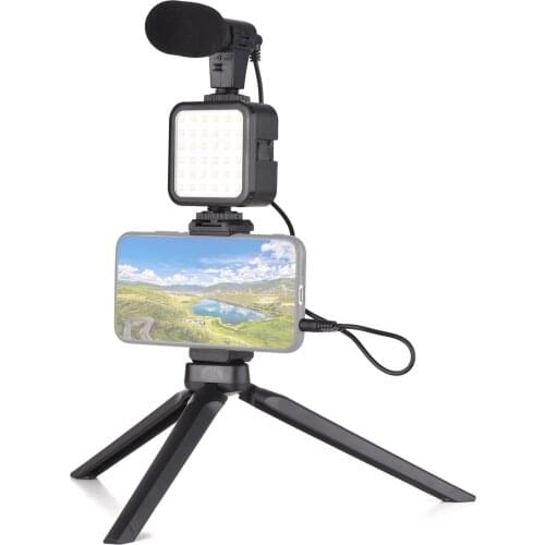 Vlog Shooting Kit Mini LED Video Light 3 Levels of Adjustable Brightness with Phone Clip+Mic+Tripod for Phone Live Stream Vlog