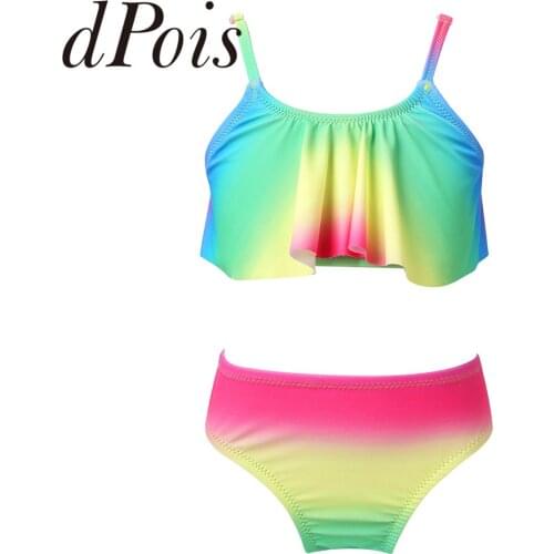 2PCS Girls Swimwear Colorful Ruffled Swimsuits for Girls Tops + Bottoms Kids Swimsuit Summer Tankini Sets Childrens Beach Wear