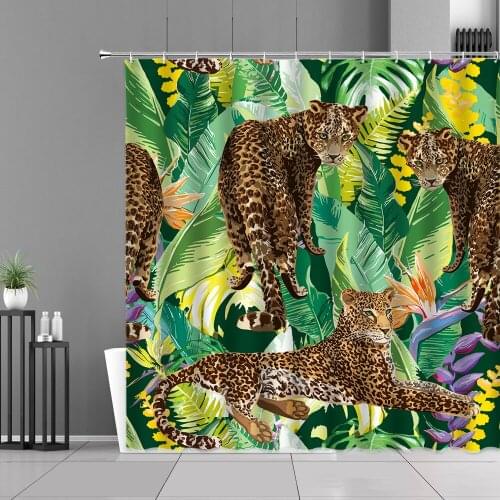 Leopard Shower Curtain Tropical Plants Palm Leaves And Cartoon Animals Monkey Peacock Bathroom Curtain Home Background Decor