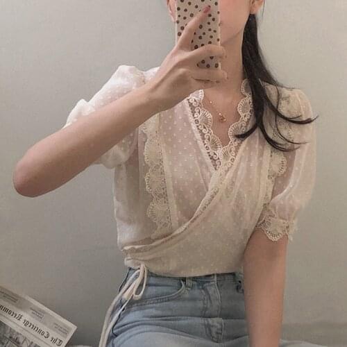 Summer lace apricot tops women V Neck Slim Korean Casual women tops Puff Sleeves Scalloped crop tops women 2021