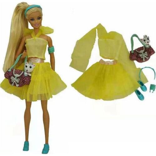 1:6 Fashion Yellow Princess Outfit For Barbie Doll Clothes Shirt Top Lace Skirt Shoes Dog Bag Hairpin Armlet 1/6 BJD Accessories