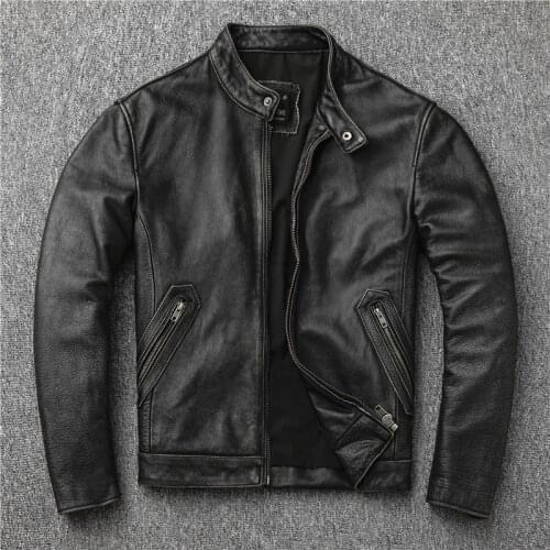 GU.SEEMIO Vintage Men Genuine Leather Jackets Cowhide Motorcycle Motor Biker Clothing Distressed Leather Coat Stand Collar