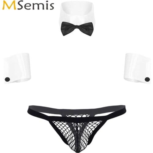 Mens Porno Maid Roleplay Lingerie Set Transparent Fishnet Bikini Thong+ Collar Cuffs Sexy Servant Uniform Erotic Cosplay Costume