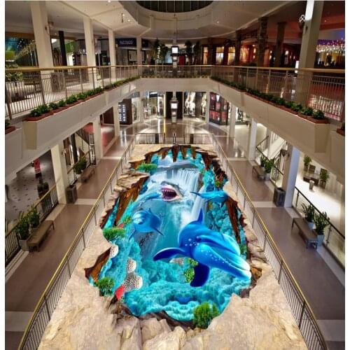 Custom 3D painting floor wallpaper PVC adhesive The underwater world dolphins and shark floor Modern Floor painting
