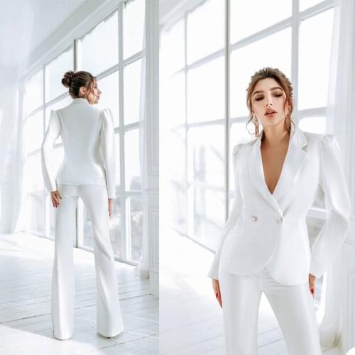 Hot White Women Blazer Suits Long Sleeve Double Breasted Formal Outfits Evening Party Wedding Wide Leg Pants Suit 2 Pieces