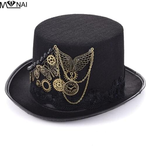 Retro Steampunk Top Hat Gothic Wool Victorian Hats With Gears Lace Wing Chain Accessories Mexican hat Handmade Cosplay Accessory