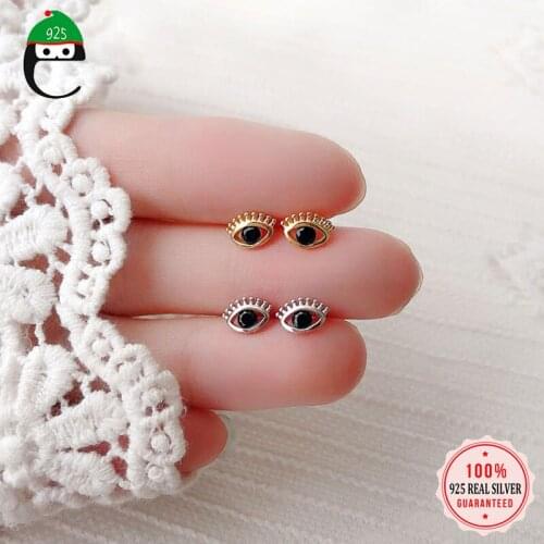 ElfoPlataSi Real 925 Sterling Silver Fashion Gold Eye Black CZ Stud Earring For Women Wedding Mothers Day Fine Jewelry DA2052