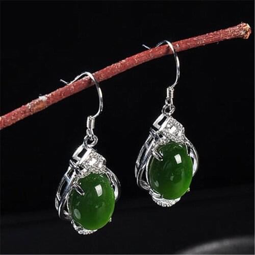 Natural Green Chalcedony Hand Carved Drop Earrings Fashion Boutique Jewelry Mens and Womens 925 Silver Inlaid Drop Earrings