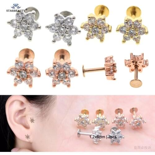 Starbeauty 2 pcs/lot Bright Gem Flower Labret Lip Piercing Oreja Helix Piercing Cartilage Earrings Stud Tragus Piercing Pircing