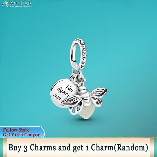 Ahthen 925 Sterling Silver Glow-in-the-dark Firefly Dangle Charm fit Original Pandora Bracelet Women Jewelry Making Girl Jewelry