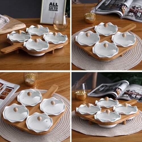 Nordic Ceramic Candy Box Dried Fruit Nut Fruit Plate with Glass Cover Simple Afternoon Tea Snack Plate with Bamboo Wooden Stand