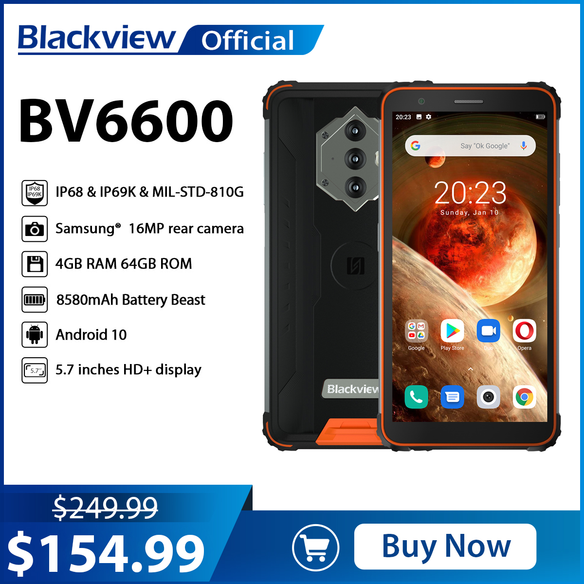 Blackview BV6600 IP68 Waterproof 8580mAh Rugged Smartphone Shockproof Phones 4GB+64GB 5.7" Mobile Phone 16MP Android 10 Unlock