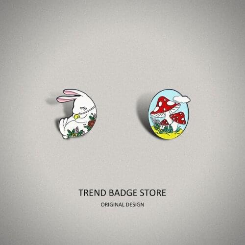 Cartoon creativity Under the blue sky Mushroom in the long tall flower bunny curled body sleep late fashion childrens brooch