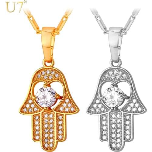 U7 Heart Necklace Women Lucky Hand Jewelry Trendy Gold Color Zirconia Hand of Hamsa Pendant Men P876