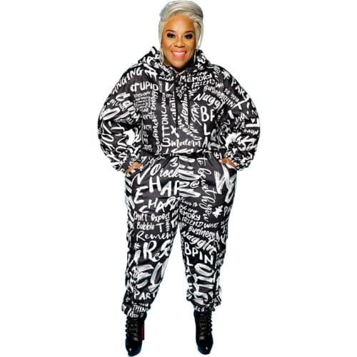 Plus Size Hoodie Women 2 Piece Set Letter Printed Black Outfit Hooded Top And Pants Casual Joggor Fitness Matching Set Wholesale