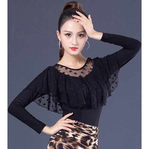 Gauze Ruffle Long sleeve modern Lace sexy Latin dance clothes top for women/female/girl,Ballroom Costume performance wear YR0908