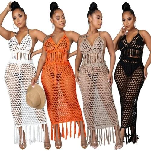 Women Beach Two Piece Set Crochet Knitted Halter Crop Top And See Through Tassel Long Maxi Skirts Vacation Outfits Dress Set