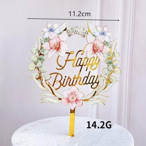 Gold Flowers Acrylic Party Cake Toppers Flower Happy Birthday Cake Topper for Kids Birthday Party Cake Decorations Baby Shower